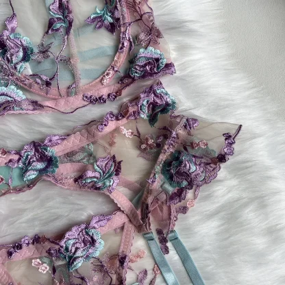Floral Embroidery Sheer Lingerie Set - Image 4