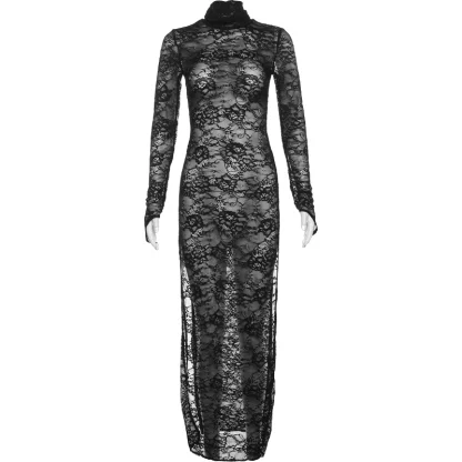 Turtleneck High Slit Sheer Dress