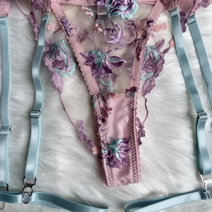 Floral Embroidery Sheer Lingerie Set - Image 3