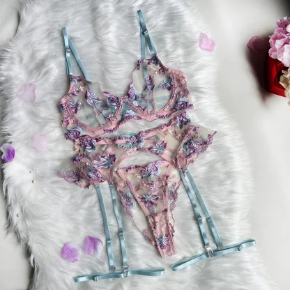 Floral Embroidery Sheer Lingerie Set
