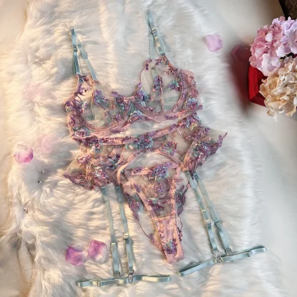 Floral Embroidery Sheer Lingerie Set - Image 5