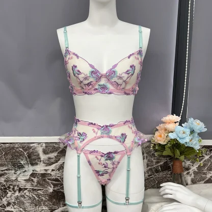 Floral Embroidery Sheer Lingerie Set - Image 6