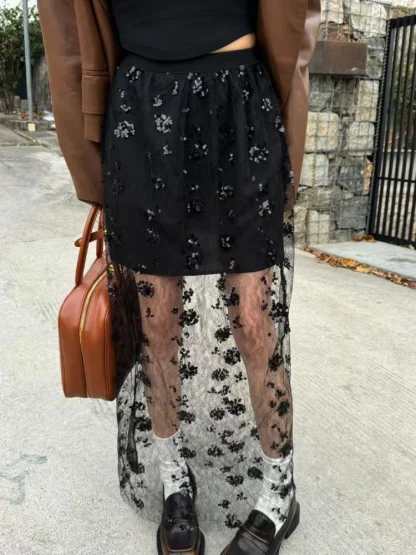 See-through Sequins Long Skirt - Image 4