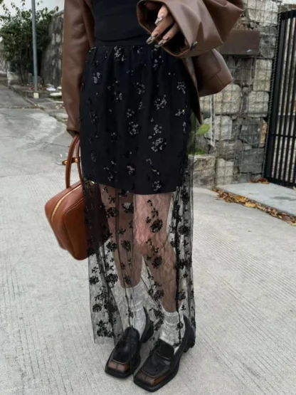 See-through Sequins Long Skirt - Image 5